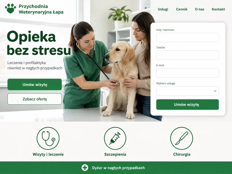 Przykładowy projekt strony internetowej dla branży: Weterynarz. Wizualizacja poglądowa.