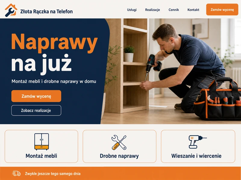 Makieta strony WWW w stylistyce branży: Złota rączka. Projekt przykładowy, nie wdrożenie klienta.